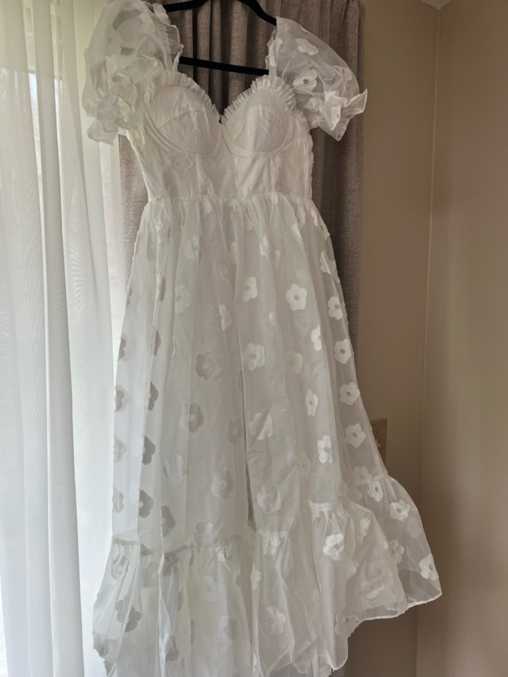 White Floral Midi Dress with Puff Sleeves